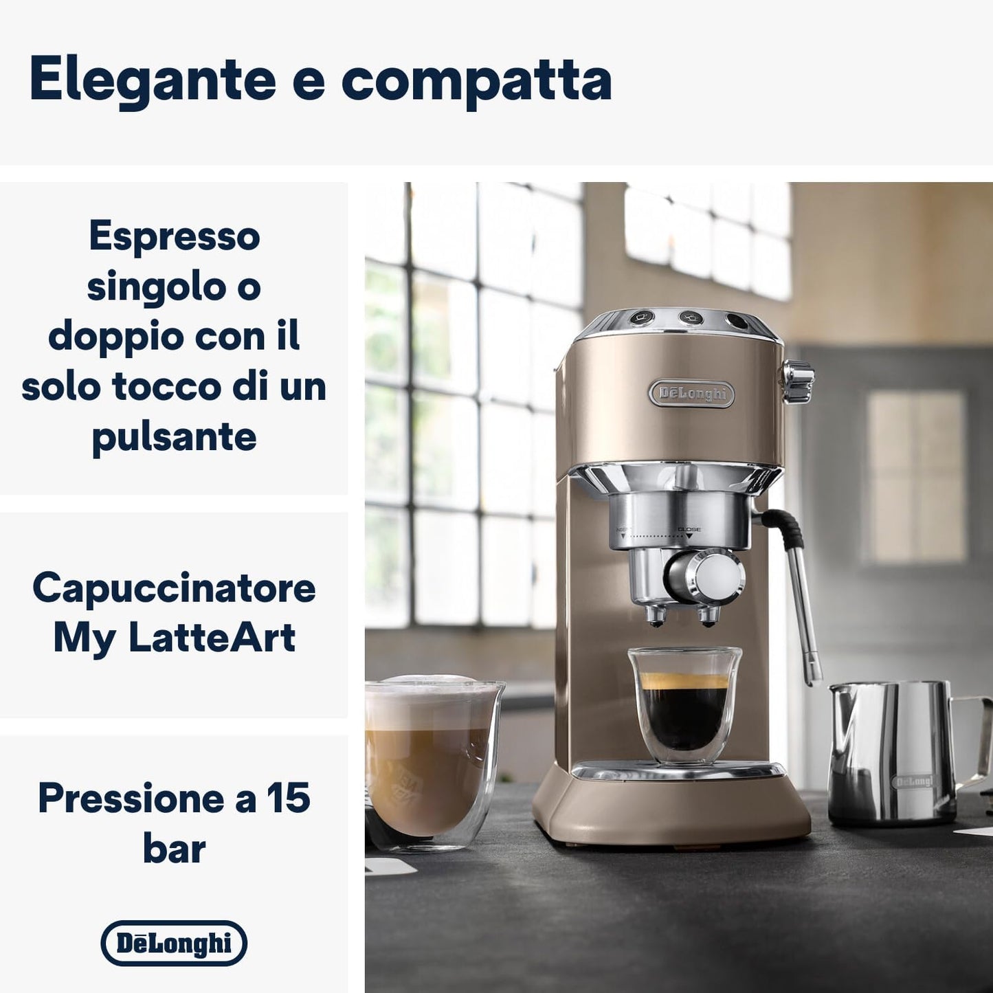 De'Longhi Dedica Arte EC885.BG – Macchina Manuale da Caffè Espresso e Cappuccino, Lancia Vapore Professionale, per Caffè Macinato e Cialde E.S.E., Beige