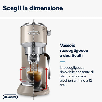 De'Longhi Dedica Arte EC885.BG – Macchina Manuale da Caffè Espresso e Cappuccino, Lancia Vapore Professionale, per Caffè Macinato e Cialde E.S.E., Beige